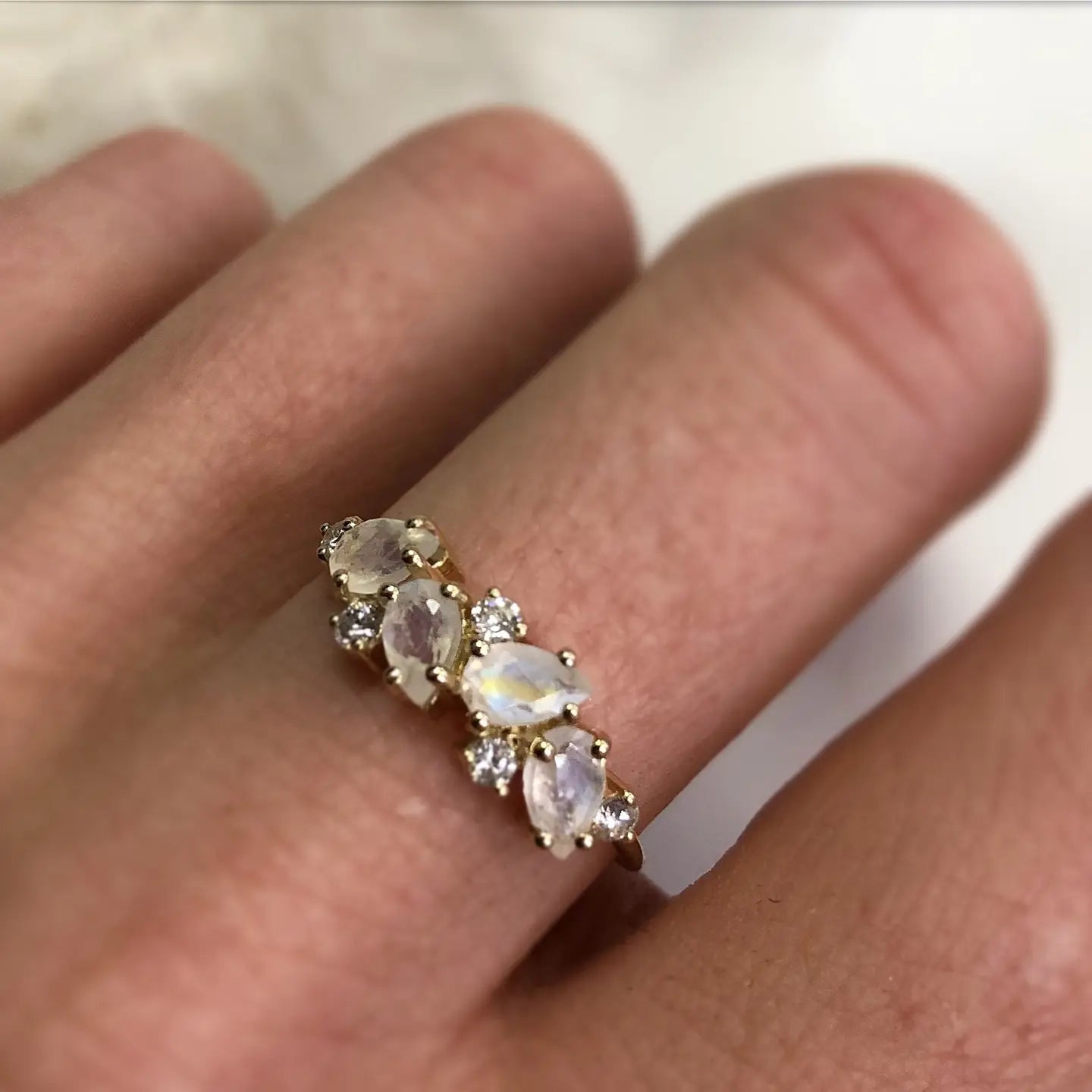 Rainbow Moonstone + Diamond Woodland Fairytale 14kt Gold Ring