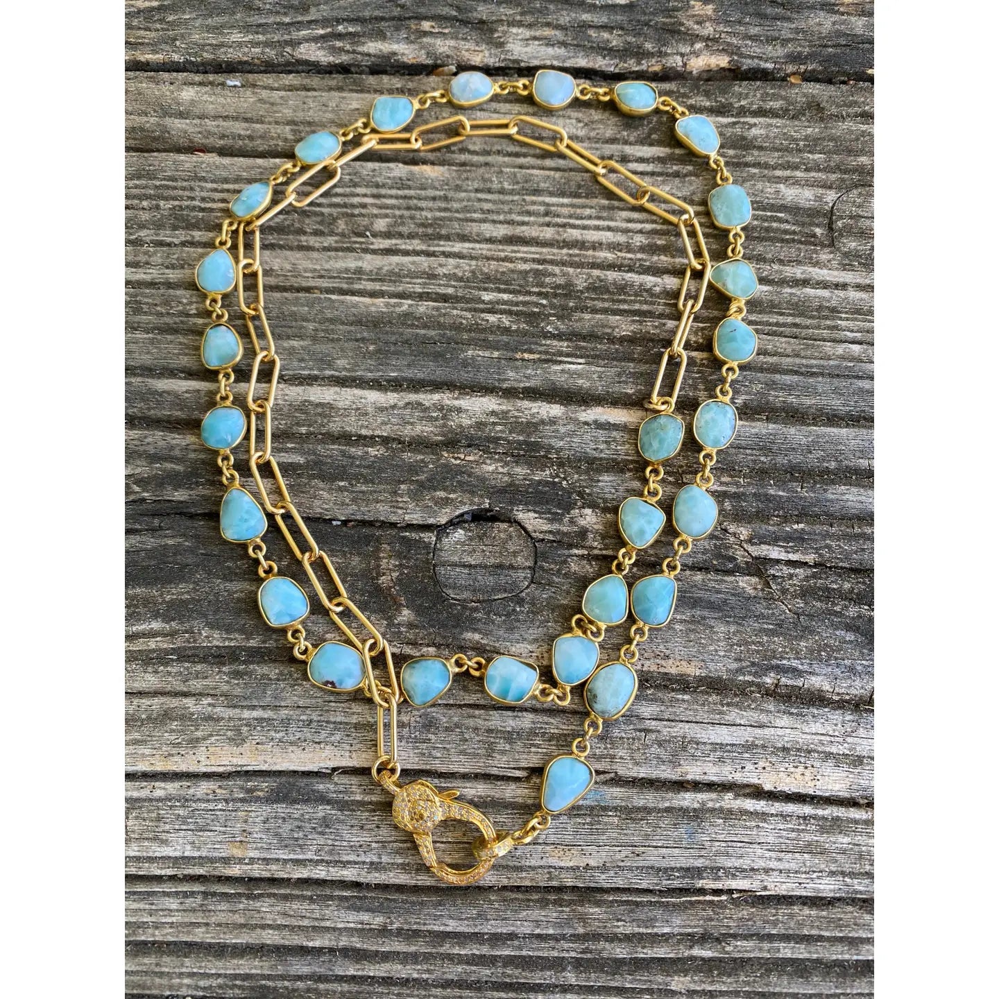 Larimar and Paperclip Gold Chain with Pave Diamond Clasp