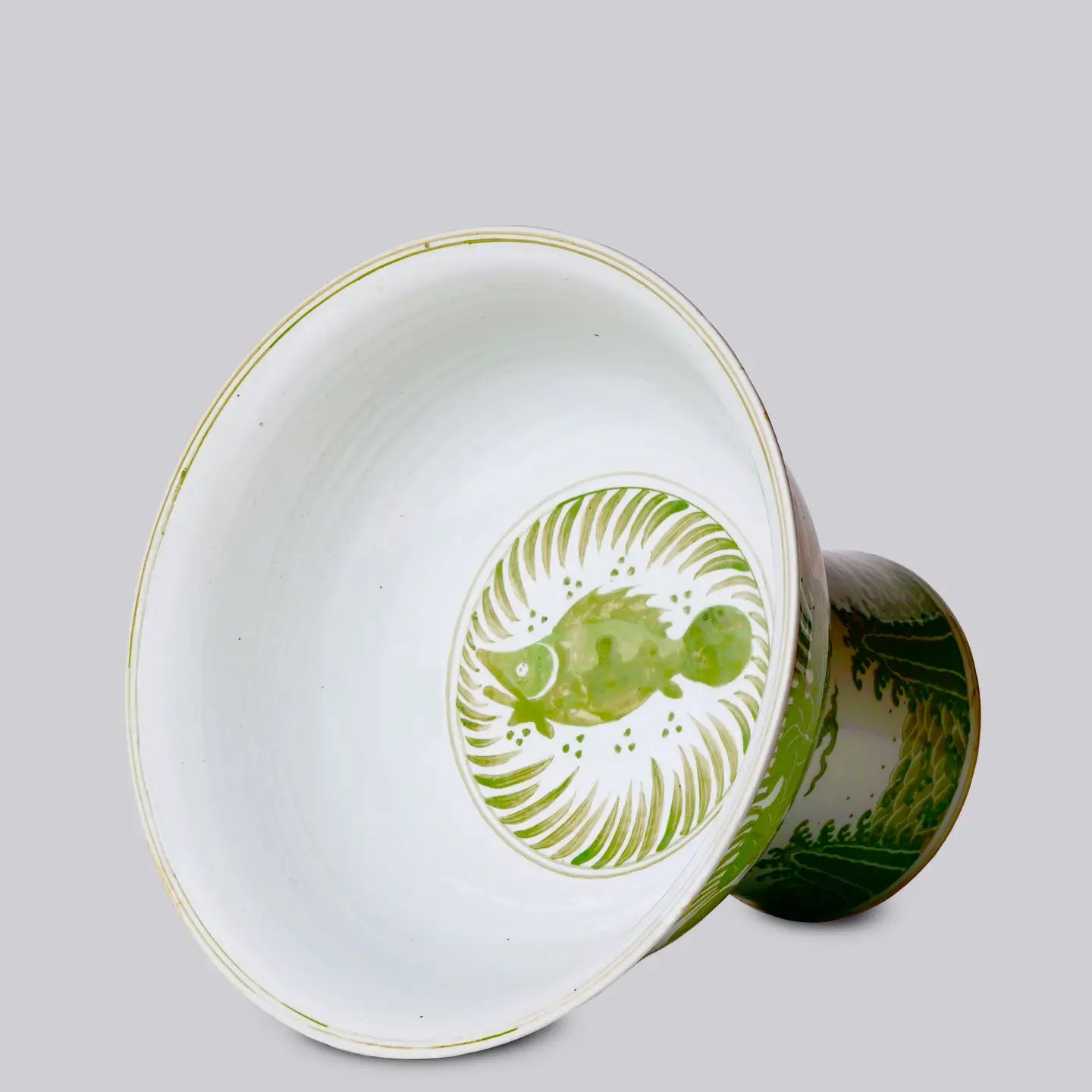 Green + White Porcelain Fish and Lotus Large Footed Bowl