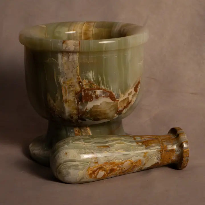 Large Heirloom Multi Green Onyx Mortar + Pestle