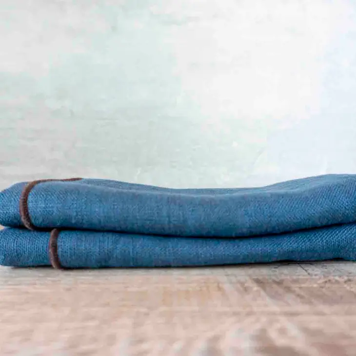 Blue Linen Napkins with Brown Trim