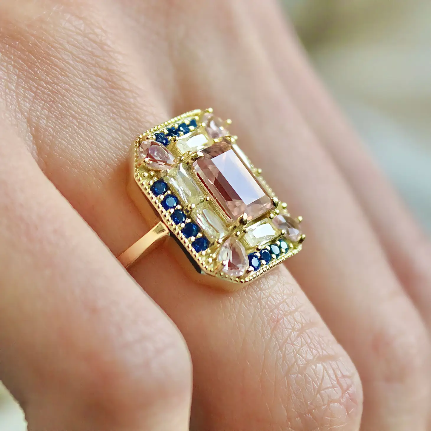 Sapphire Morganite Art Deco Cocktail Ring