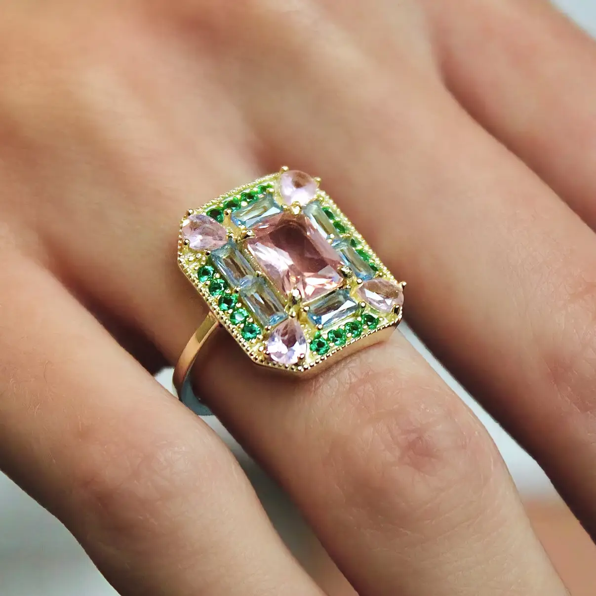Emerald Morganite Mosaic Cocktail Ring