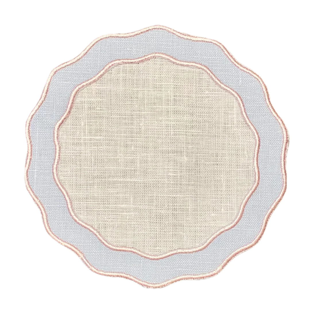 Sky Blue with Rose Round Appliqué Cocktail Napkin