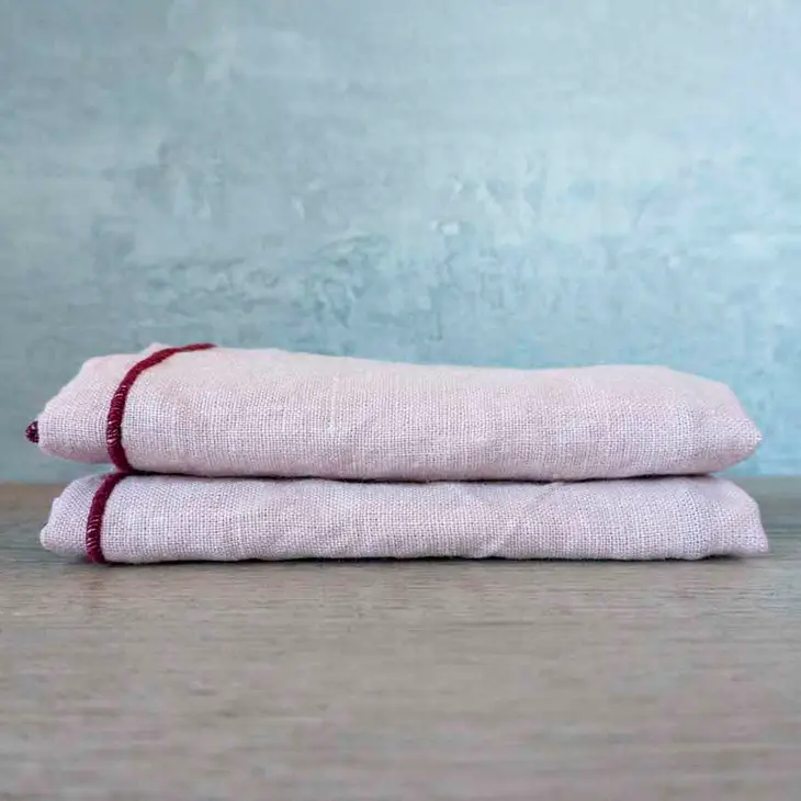 Rose Pink Linen Napkins with Burgundy Trim