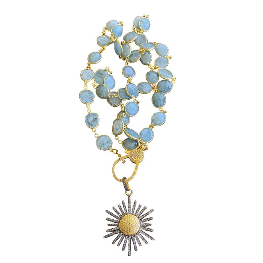 Aquamarine Bezeled Necklace with Pave Diamond Gold Clasp. Pave Diamond Starburst Pendant