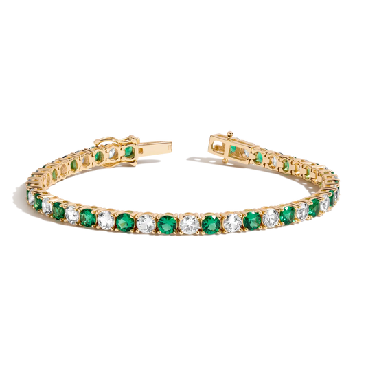 Lab Grown White Sapphire and Green Emerald Alternating Tennis Bracelet