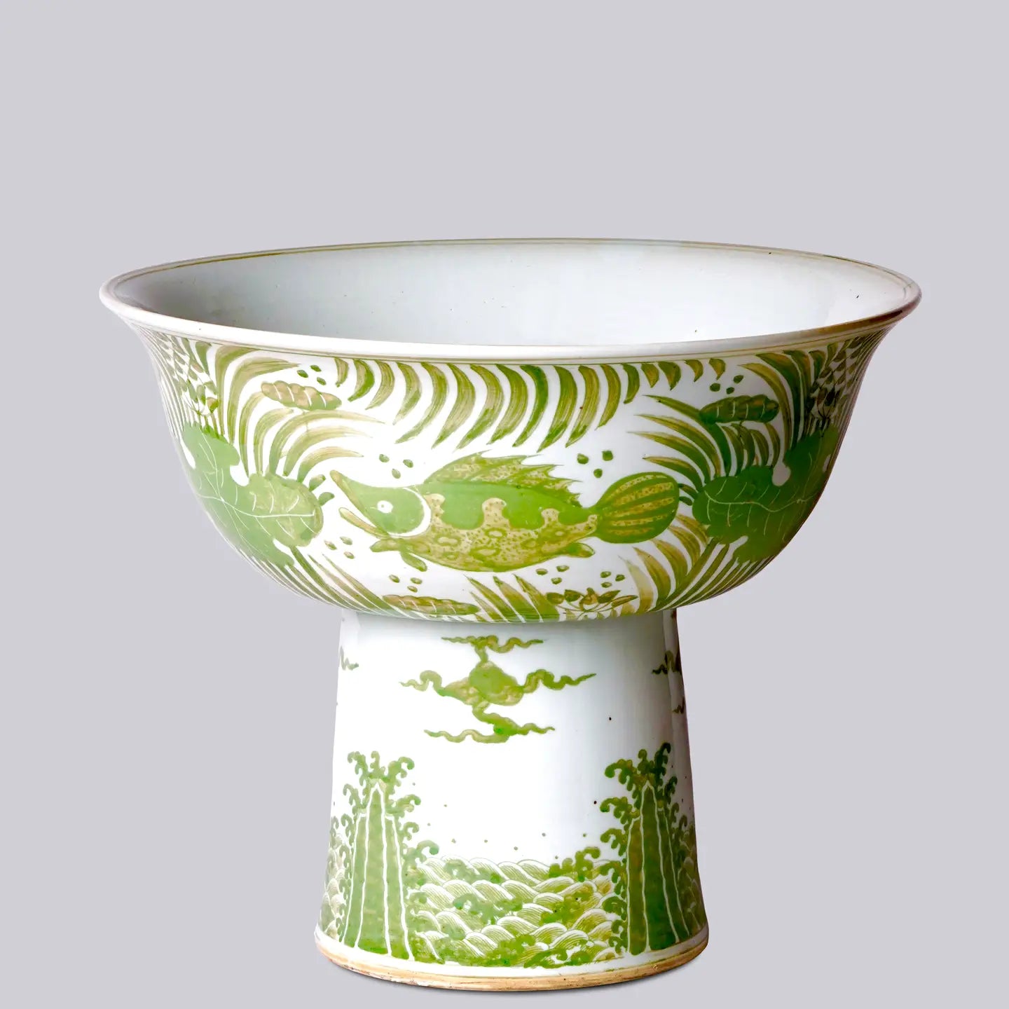 Green + White Porcelain Fish and Lotus Large Footed Bowl