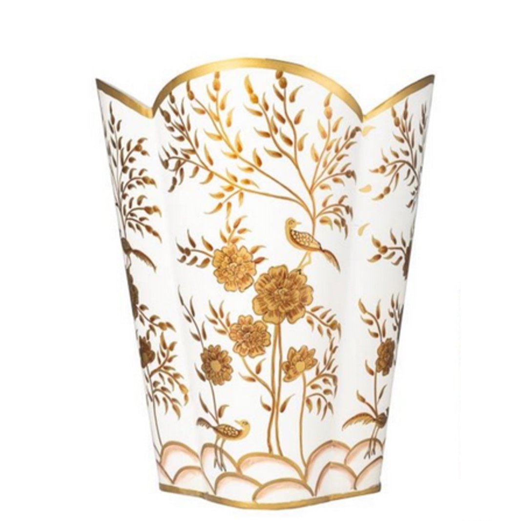 Ivory + Gold Chinoiserie Scalloped Wastepaper Basket