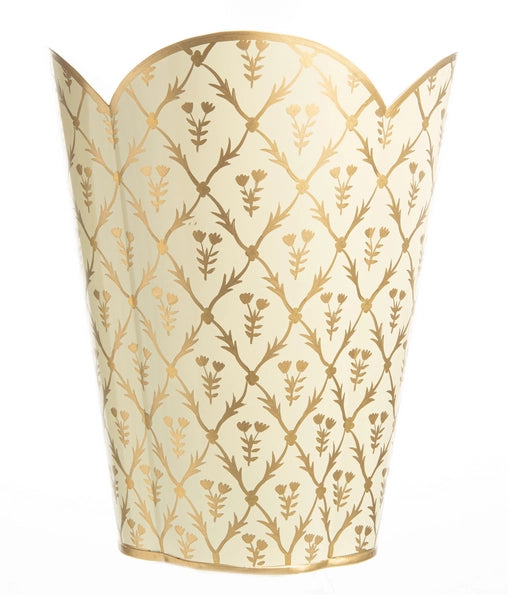 Ivory + Gold Floral Block Print Scalloped Wastepaper Basket