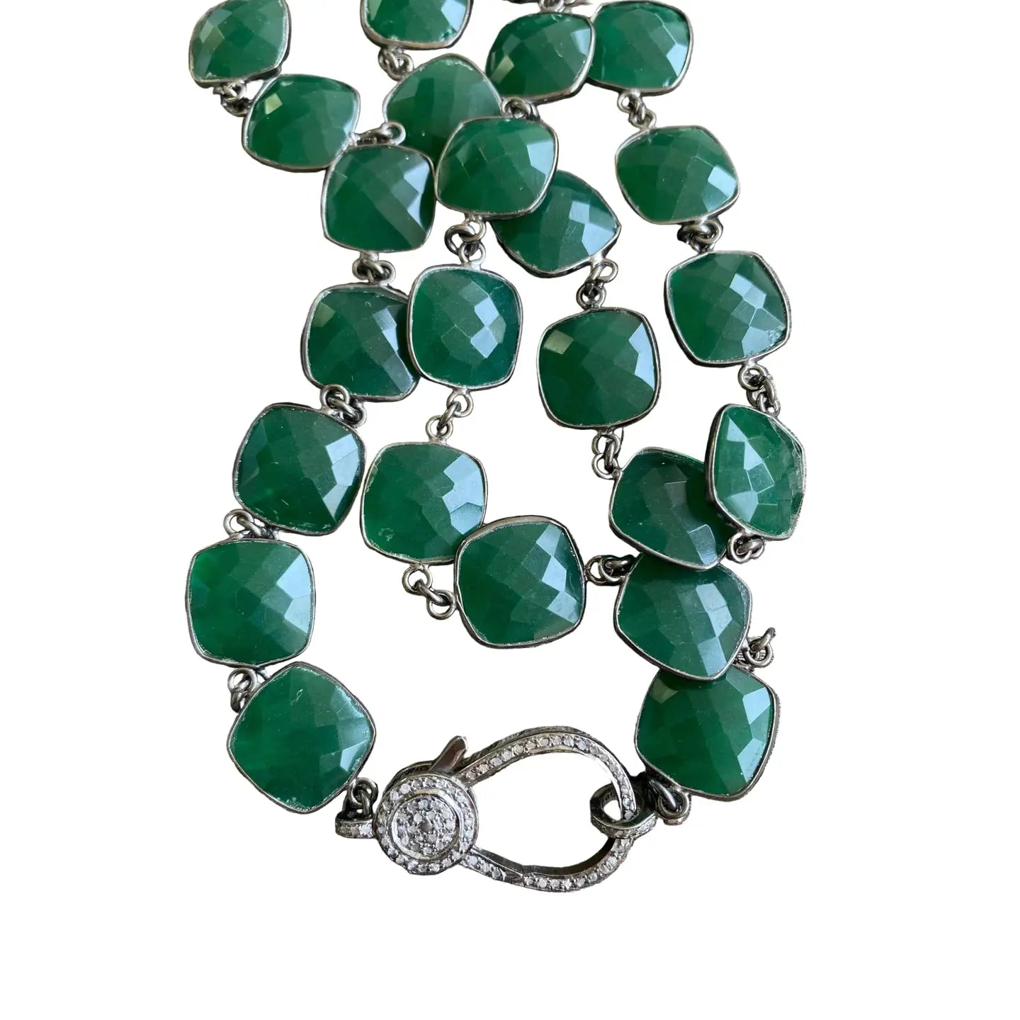 Green Chalcedony Bezel Necklace with Pave Diamond Clasp