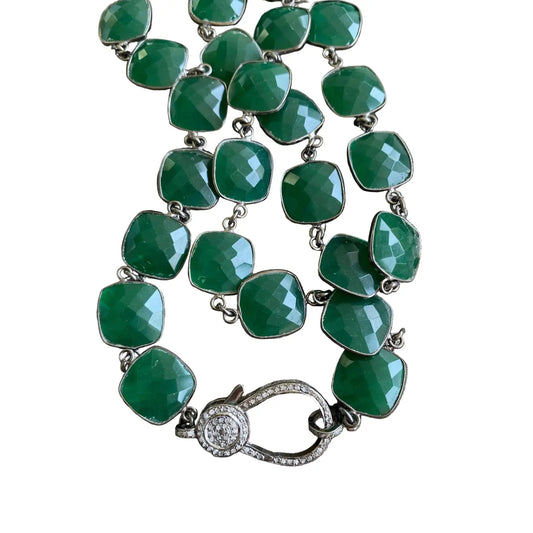 Green Chalcedony Bezel Necklace with Pave Diamond Clasp