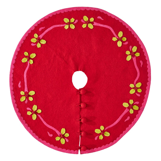 Handmade Tree Skirt in Felt - Berries on Red 60"