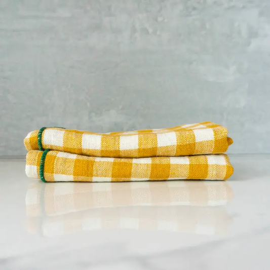 Yellow Gingham Linen Napkins with Green Trim