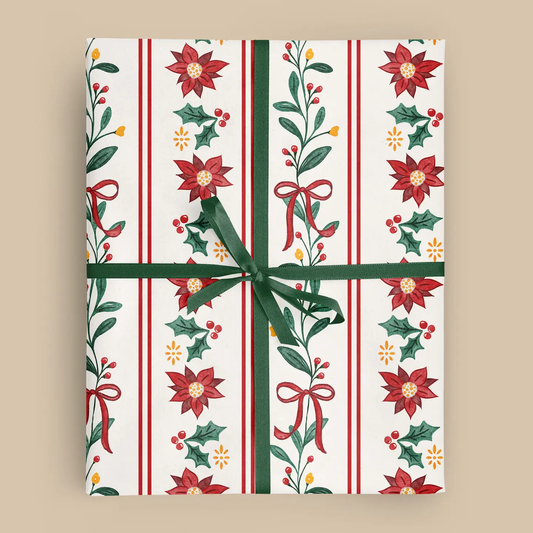 Christmas Poinsettia Floral Stripe Wrapping Paper