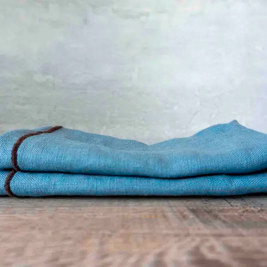 Cottage Blue Linen Napkins with Brown Trim
