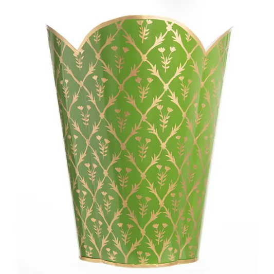 Green + Gold Floral Block Print Wastebasket